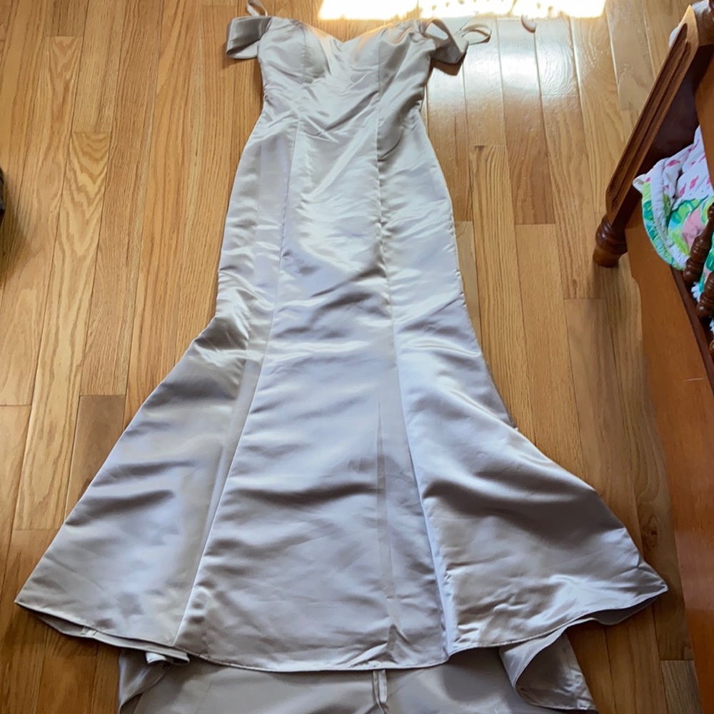 Bill Levkoff off the shoulder satin gown